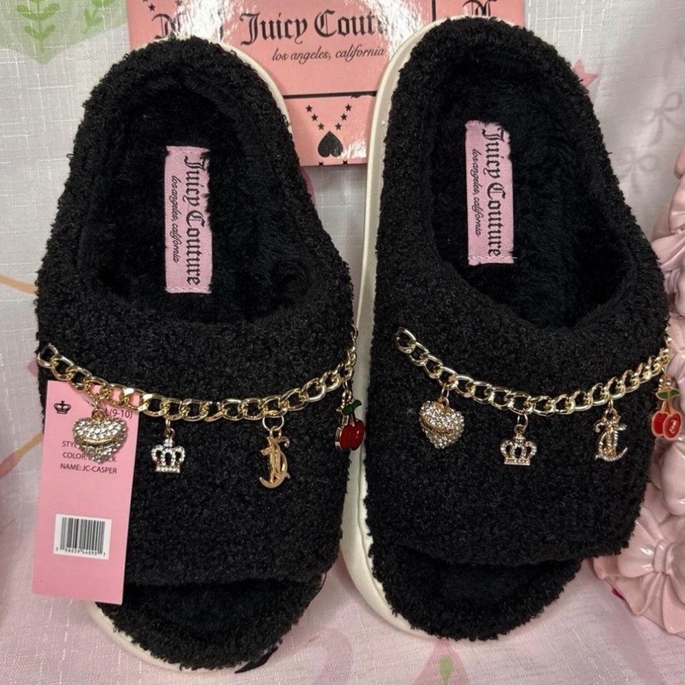 Juicy Couture Black Fuzzy Charm Slide Sandals fits size 11 - 12 NWT